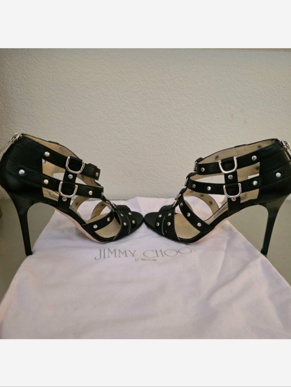 Jimmy Choo Black Leather Silver Studded Strappy Stiletto Heels EU 39, Fits US 8 - Picture 6 of 13